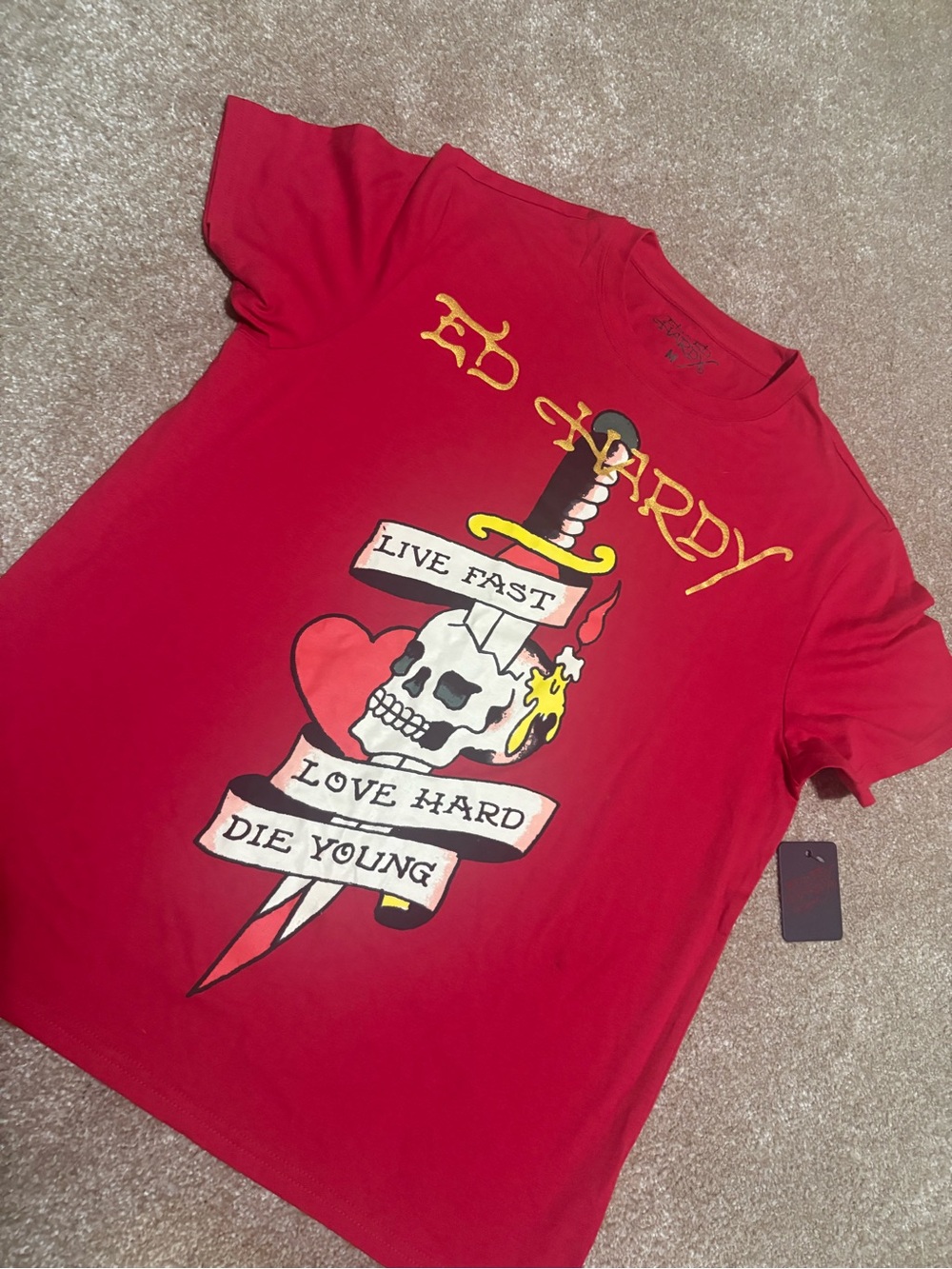 Ed Hardy Red Short Sleeve Tee with Skull & Dagger Graphic